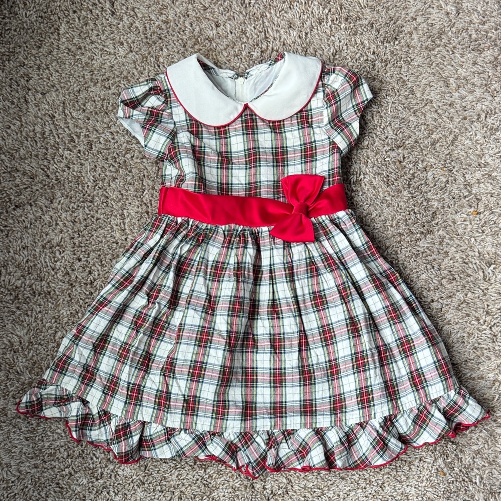 Holiday Plaid Dress with Red Bow